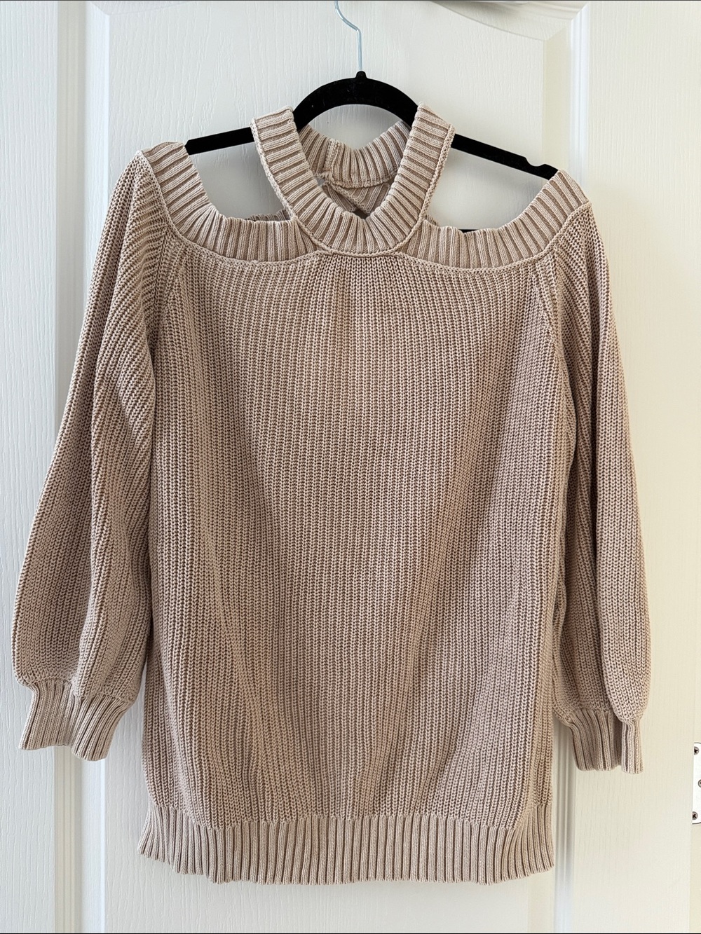 Vici Taupe Off-Shoulder Cutout Knit Sweater